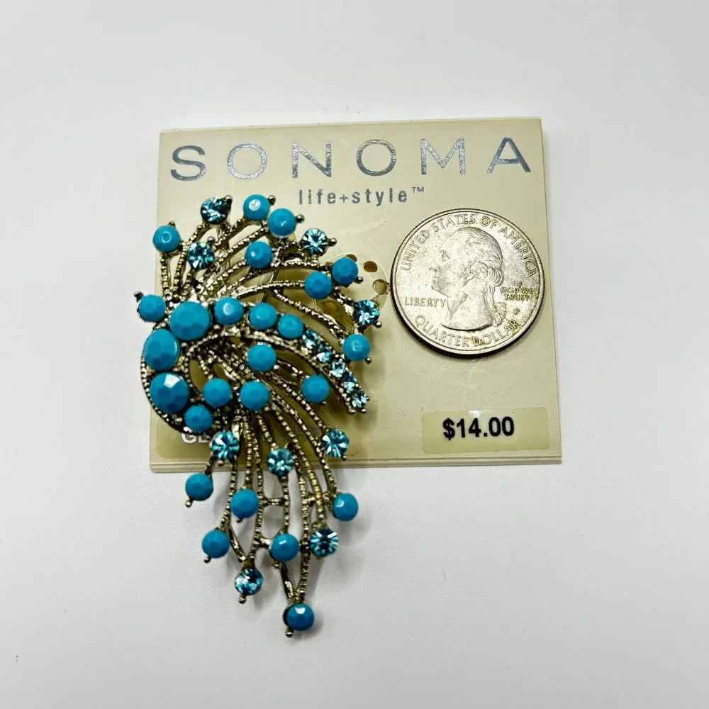 Sonoma Life Style Turquoise Blue Rhinestone Silver Tone Spray Brooch‎ Pin NEW